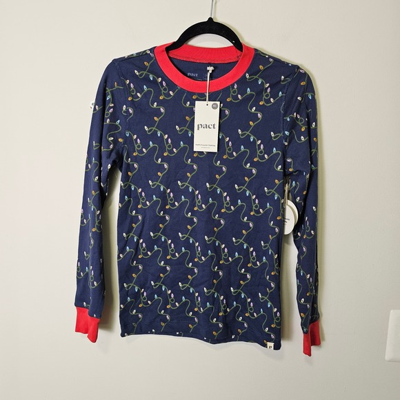 NWT Pact XS Navy Christmas Lights Pajama Set Organic Cotton Holiday Print Cozy - Picture 2 of 11